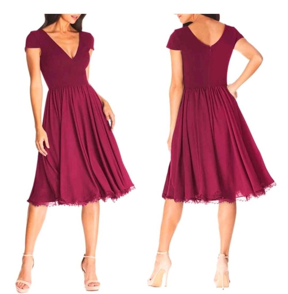 Dress The Population Burgundy V-Neck Cap Sleeve Midi Dress Size S